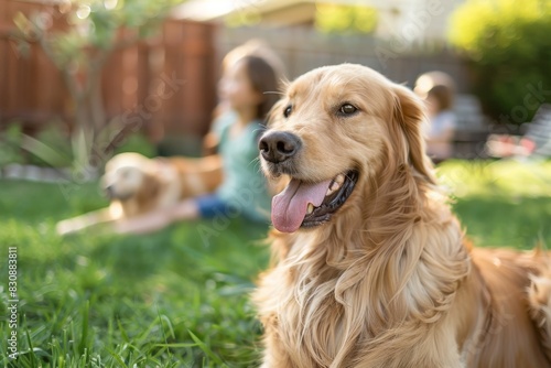 A golden retriever dog enjoys a sunny day in the backyard  epitomizing relaxation and joy