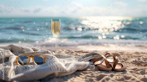 a glass of champagnein the beach photo