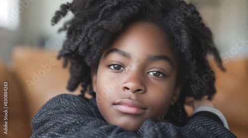 A calm young boy with curly hair leans on his hands, displaying a thoughtful and peaceful expression