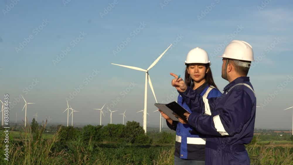 Electrical Engineer and technician specialists working on electricity wind power station project,Maintenance of wind turbine blades