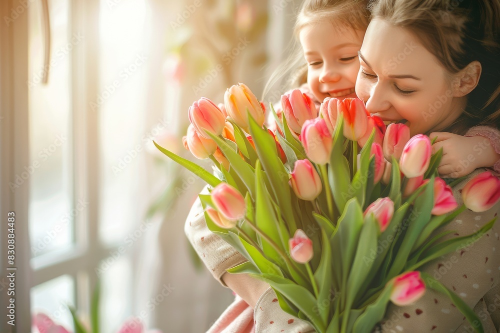 A joyful moment as a mother and her child share a tender embrace with a bouquet of vibrant tulips A joyful moment as a mother and her child share a tender embrace with a bouquet of vibrant tulips