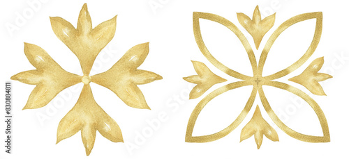 Watercolor yellow ornament illustration set, hand drawn tile decoration clipart