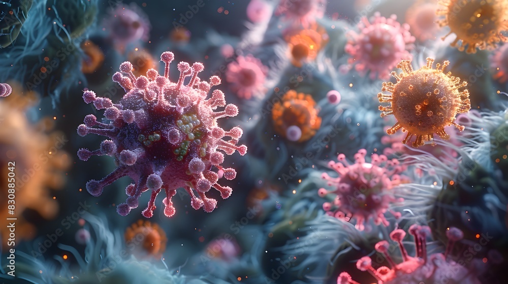 Obraz premium Colorful Microscopic View of COVID 19 Virus Cells Depicting the Global Pandemic and Healthcare Challenges