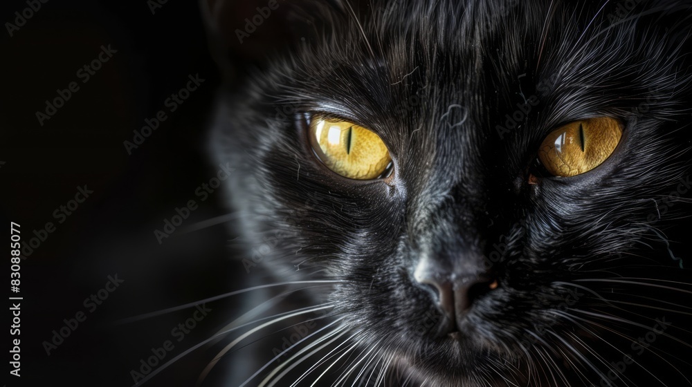 Close up of a black cat with yellow eyes and pink nose on a pitch black background, generated with AI