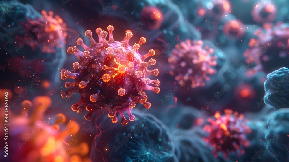 Fototapeta premium Colorful Microscopic Virus or Coronavirus Particle Structure Closeup