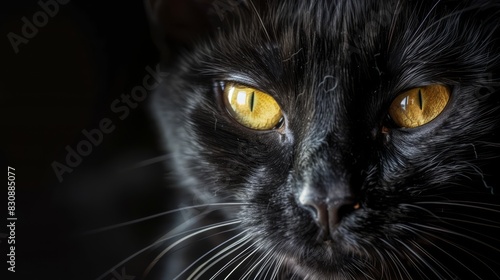 Close up of a black cat with yellow eyes and pink nose on a pitch black background  generated with AI