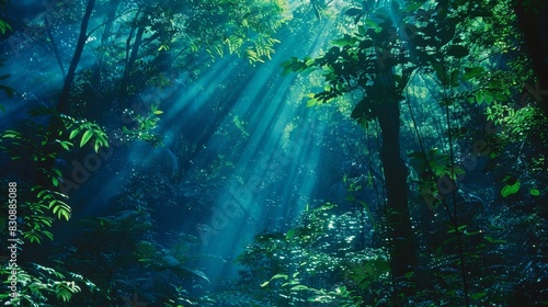 A forest with trees and sunlight shining through the leaves