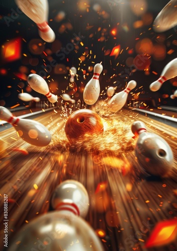 Close-up of a bowling ball hitting pins scoring a strike, bottom view and action shot. Ten pin bowling game concept, generated with AI
