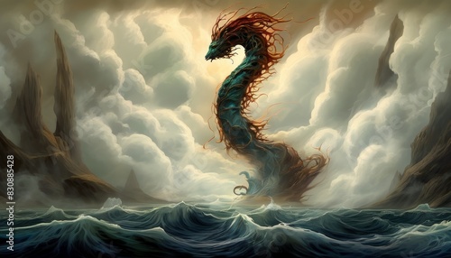 A powerful sea dragon with intricate scales rises from tumultuous  stormy waters under a dramatic cloudy sky.. AI Generation