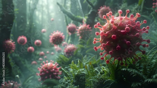 Dangerous Microscopic Virus Looming in Lush Green Forest Landscape