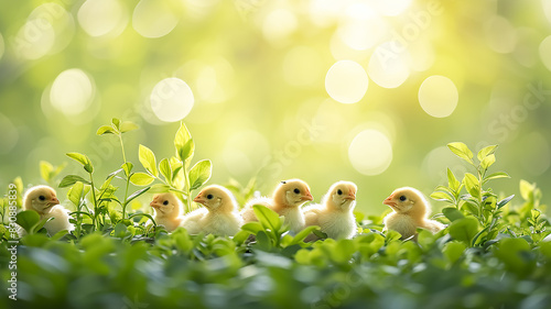 Yellow chickens in spring green leaves of plants in sunlight close-up