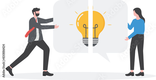 Illustrations of businessmen and women help each other solve the light bulb(idea) puzzle.

