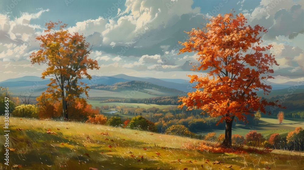Fall tree, A peaceful landscape moutain scene, depicted in oil, emphasizing the softness of the pastoral landscape with gentle brushwork, generated with AI