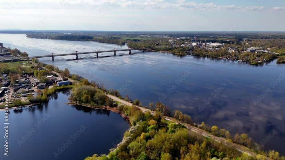 A Panoramic View of Southern Bridge (Dienvidu Tilts) in Riga, Latvia, Europe - Aerial Drone Shot A Panoramic View of Southern Bridge (Dienvidu Tilts) in Riga, Latvia, Europe - Aerial Drone Shot