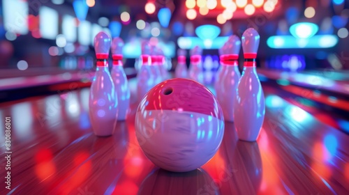 Flashy Bowling ball and pins, generated with AI photo