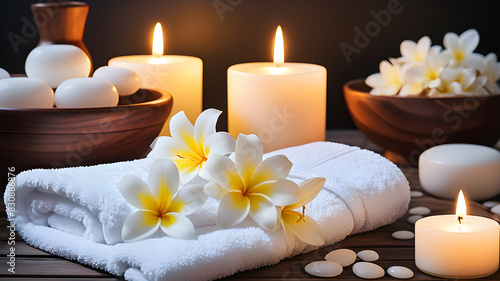 Spa background towel bathroom white luxury concept massage candle bath. Bathroom white wellness spa background towel relax aromatherapy flower accessory zen therapy aroma beauty, Generative AI