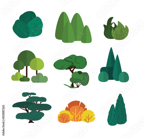 flat design bushes, hedge, live fence, trees. isolated on white background. Beautiful set of vector green bushes, trees in groups.