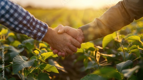 Farmers in a soy field shaking hands to finalize a deal