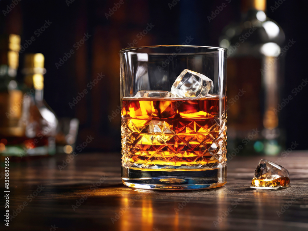 Glass of whiskey with ice cube. Glass of whiskey with ice cube.