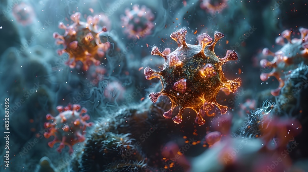 Fototapeta premium Detailed Microscopic View of Infectious Coronavirus Structure