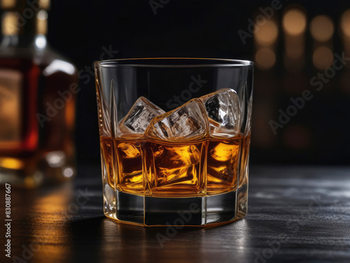 Glass of whiskey with ice cube.