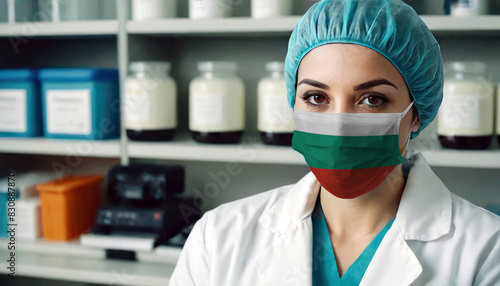 Bulgaria doctor wearing medical mask. Bulgaria flag print on woman doctor's mask smiling in confidence giving hope
