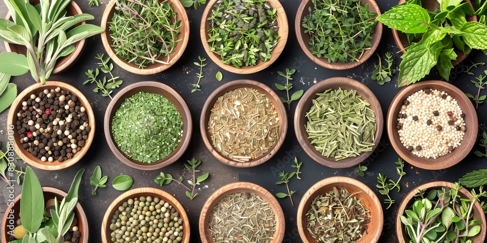 collection of different herbs in bowls on a table