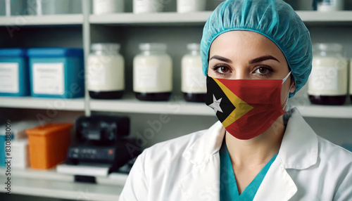 East Timor doctor wearing medical mask. East Timor flag print on woman doctor s mask smiling in confidence giving hope