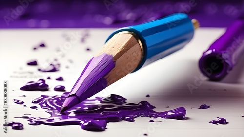 A sharp purple-blue pencil rests on a sheet of paper, with shavings cascading down from the top. the idea of inspiration for writers or artists, education, or creative ideas. vivid, emotive artistic r