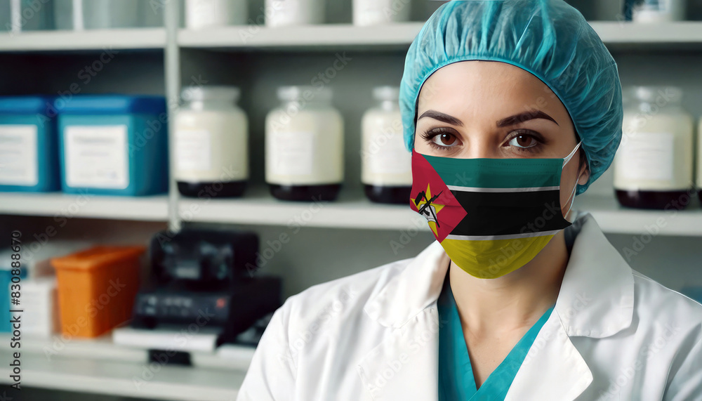 Mozambique doctor wearing medical mask. Mozambique flag print on woman doctor's mask smiling in confidence giving hope Mozambique doctor wearing medical mask. Mozambique flag print on woman doctor's mask smiling in confidence giving hope