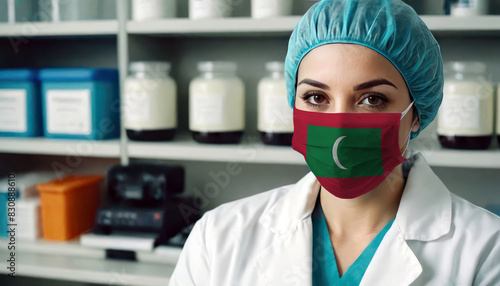 Maldive doctor wearing medical mask. Maldive flag print on woman doctor's mask smiling in confidence giving hope