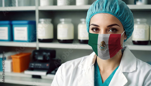 Mexico doctor wearing medical mask. Mexico flag print on woman doctor s mask smiling in confidence giving hope