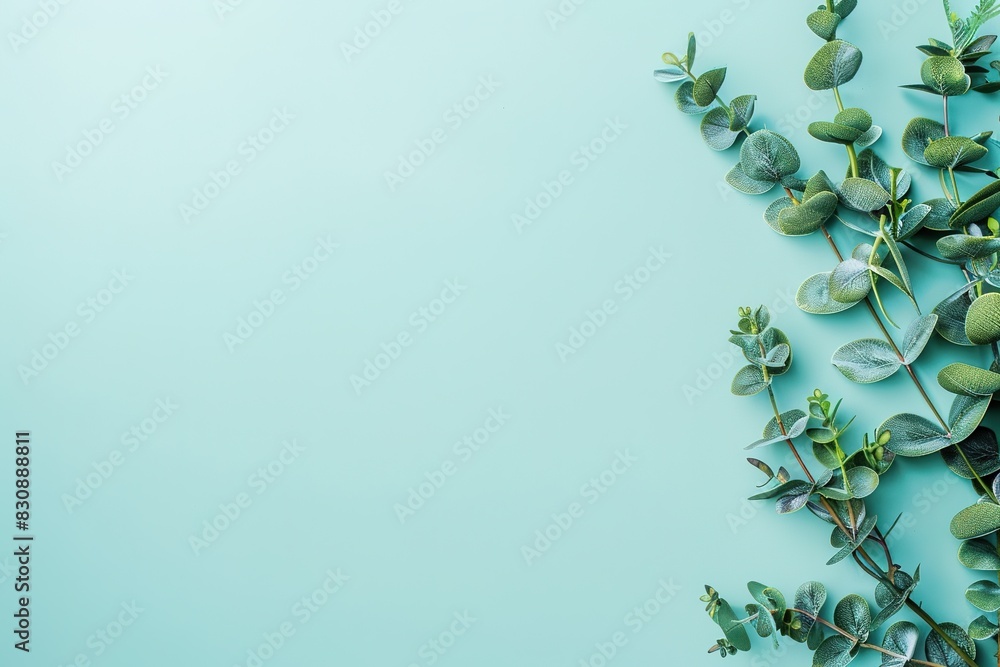 custom made wallpaper toronto digitalGreen leaves on a blue background with ample space for adding text or designs.