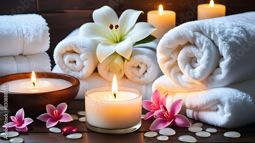 Spa background towel bathroom white luxury concept massage candle bath. Bathroom white wellness spa background towel relax aromatherapy flower accessory zen therapy aroma beauty, Generative AI