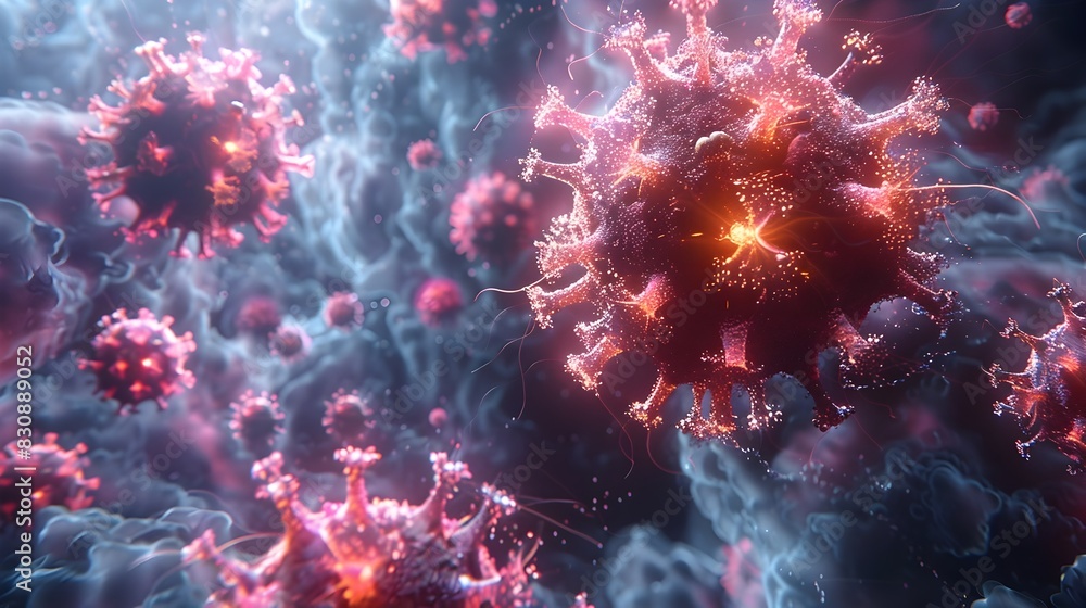 Fototapeta premium Dramatic Microscopic View of Threatening Viral Outbreak Spreading Rapidly Across the Globe