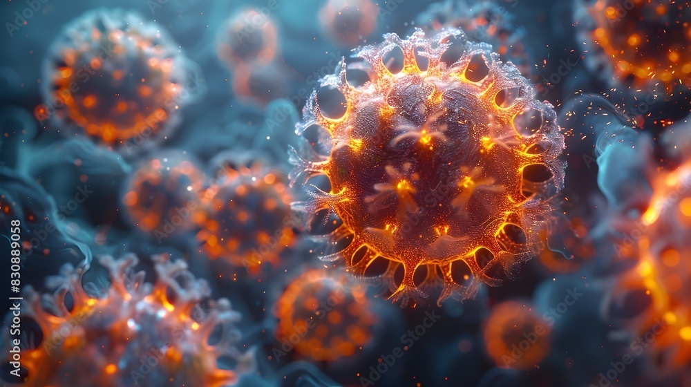 Dramatic Microscopic View of Dangerous COVID 19 Virus Cells Glowing with Intense Energy Dramatic Microscopic View of Dangerous COVID 19 Virus Cells Glowing with Intense Energy