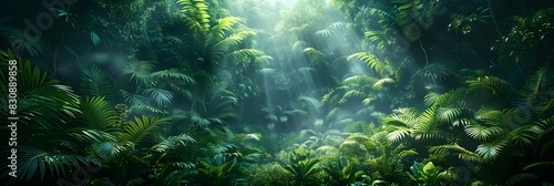 Enchanting Tropical Rainforest Landscape with Lush Foliage and Cascading Sunlight Beams Illuminating the Mysterious Atmosphere