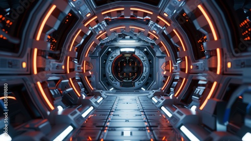 A futuristic space station with a large  glowing tunnel