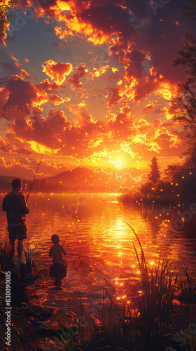 Father and Child fishing at Sunset by the Water