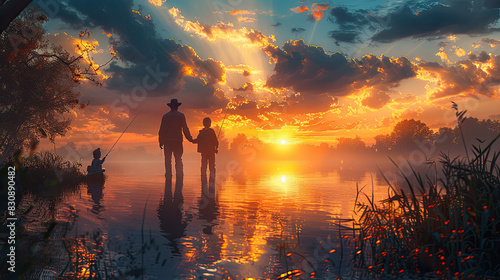 Father and Child fishing at Sunset by the Water
