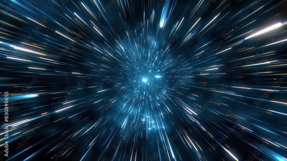 Obraz premium Abstract light speed effect with blue streaks radiating from a central point on a dark background