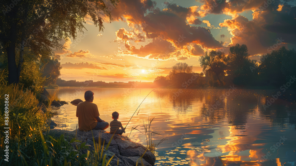 Father and Child  fishing at Sunset by the Water