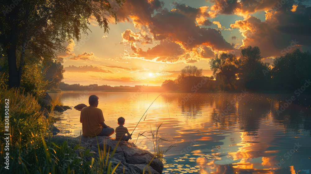 Father and Child fishing at Sunset by the Water Father and Child fishing at Sunset by the Water