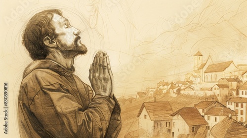 Prayer of St. Roch in 14th-Century French Village, Biblical Illustration, Beige Background, Copyspace photo