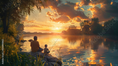 Father and Child fishing at Sunset by the Water
