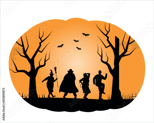 Halloween party. People in Halloween Costumes dance. Halloween Greeting Card template. Black silhouettes of people, trees, bats on orange background in pumpkin shape. Vector illustration