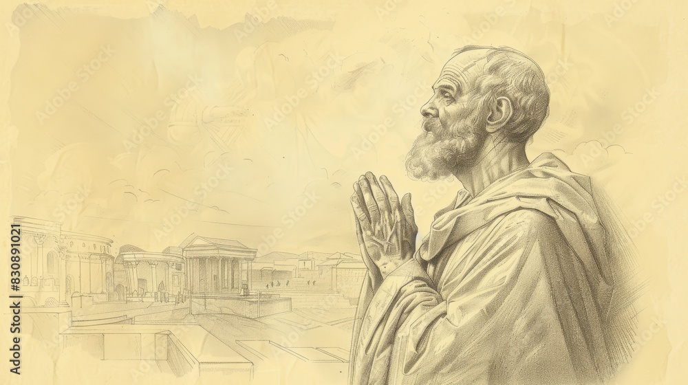 Fototapeta premium Prayer of St. Simon the Apostle in 1st-Century Church, Biblical Illustration, Beige Background, Copyspace