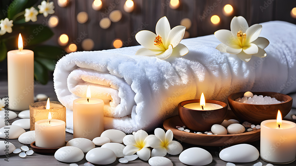 Spa background towel bathroom white luxury concept massage candle bath. Bathroom white wellness spa background towel relax aromatherapy flower accessory zen therapy aroma beauty, Generative AI Spa background towel bathroom white luxury concept massage candle bath. Bathroom white wellness spa background towel relax aromatherapy flower accessory zen therapy aroma beauty, Generative AI