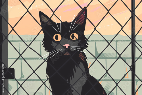 Black cat with luminous eyes peers through a chain-link fence at an animal shelter, evoking emotions of hope and longing