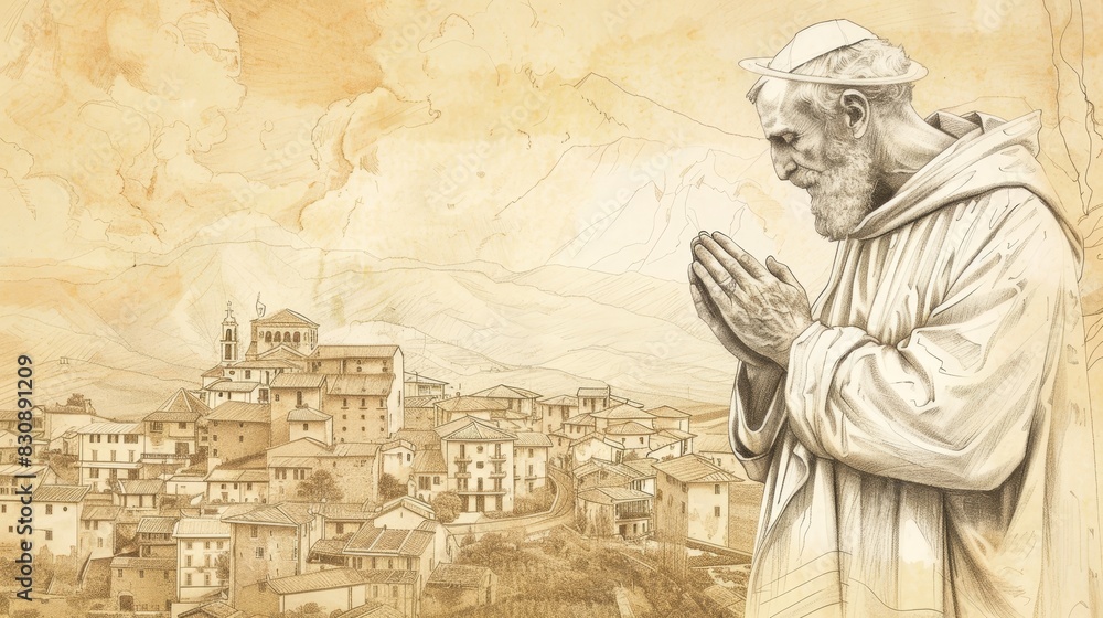 Fototapeta premium Prayer of St. Vitus in 4th-Century Italian Village, Biblical Illustration, Beige Background, Copyspace